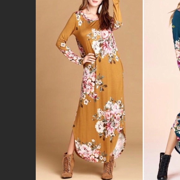 Mustard Floral Print Maxi Dress